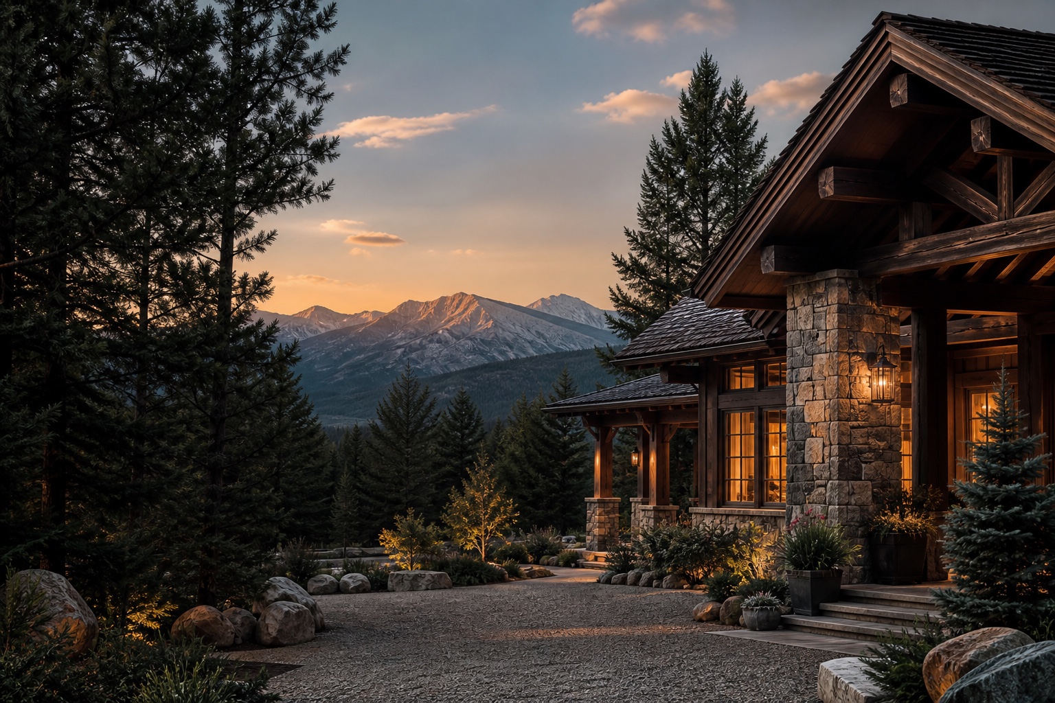 Rustic luxury mountain lodge with timber, stone, evergreens, and Montana ridgelines